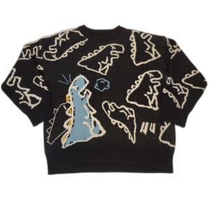 Oversized Dinosaur Knit Sweater - Black Crewneck Harajuku Streetwear Jumper